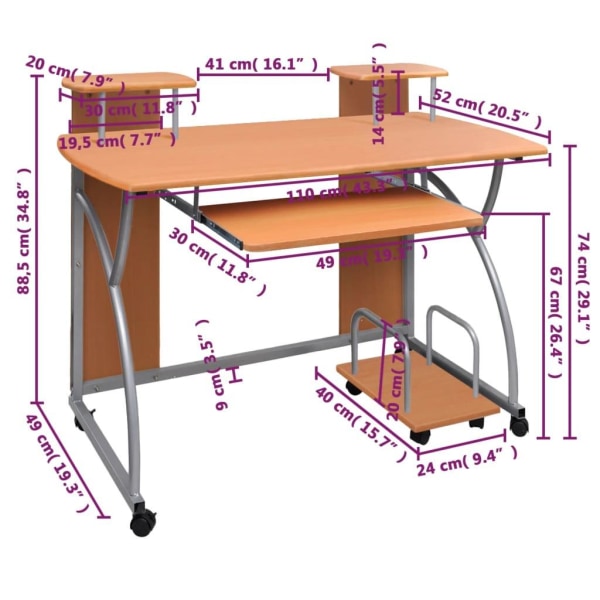 vidaXL Datorbord brun 110x52x88,5 cm konstruerat trä Brun