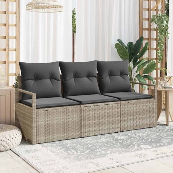 vidaXL Trädgårdsoffset med kudde 3 pcs Ljusgrå konstrotting Ljusgrå