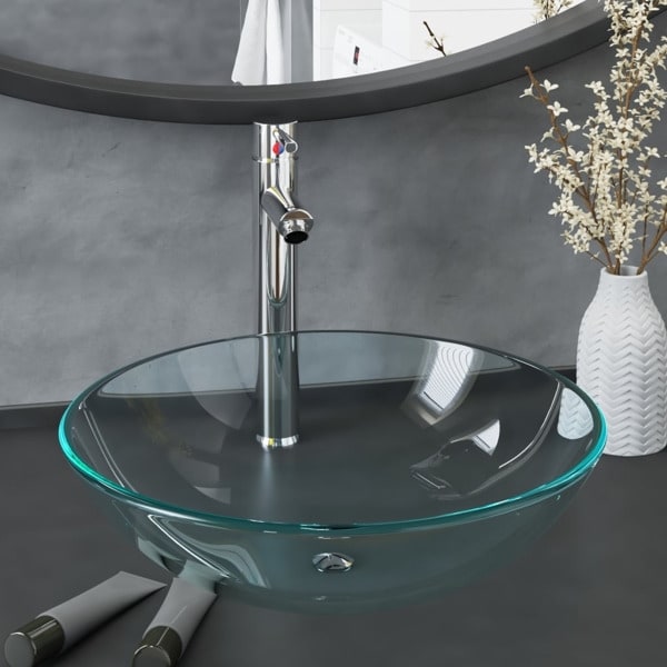 vidaXL Handfat med kran och bottenventil klart härdat glas Transparent