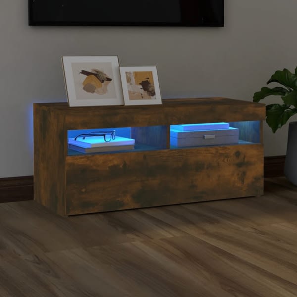 vidaXL Tv-bänk med LED-belysning rökfärgad ek 90x35x40 cm Brun