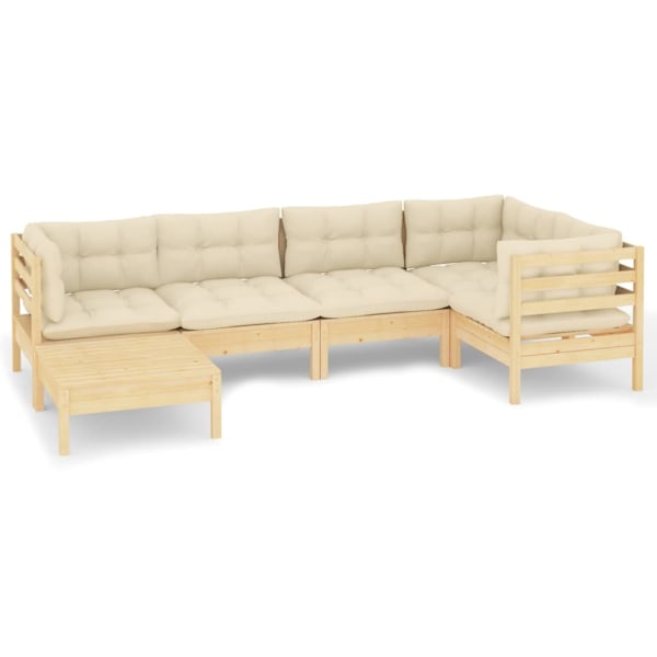 vidaXL Loungegrupp med gräddvita dynor 6 delar massiv furu Creme