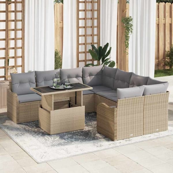 vidaXL Trädgårdsoffset 9 st 8-Antal sittplatser Beige Polyrattan Beige