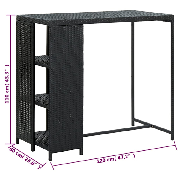 vidaXL Barbord med förvaringshyllor svart 120x60x110 cm konstrotting Svart