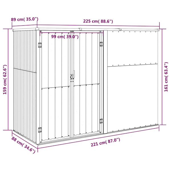 vidaXL Trädgårdsskjul antracit 225x89x161 cm galvaniserat stål Antracit