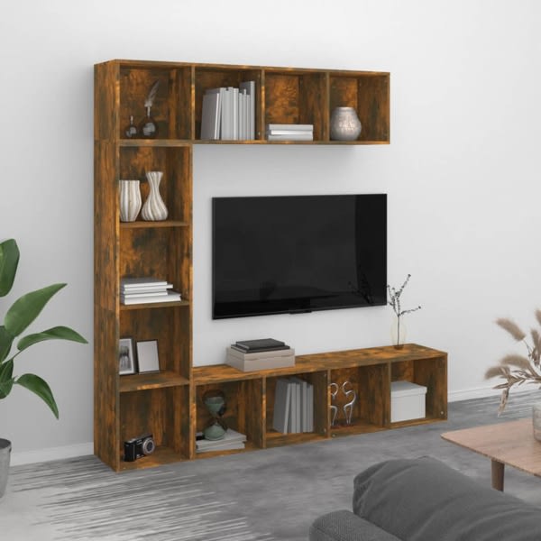 vidaXL Bokhylla/TV-bänk 3 delar set Rökfärgad ek 180x30x180 cm Brun