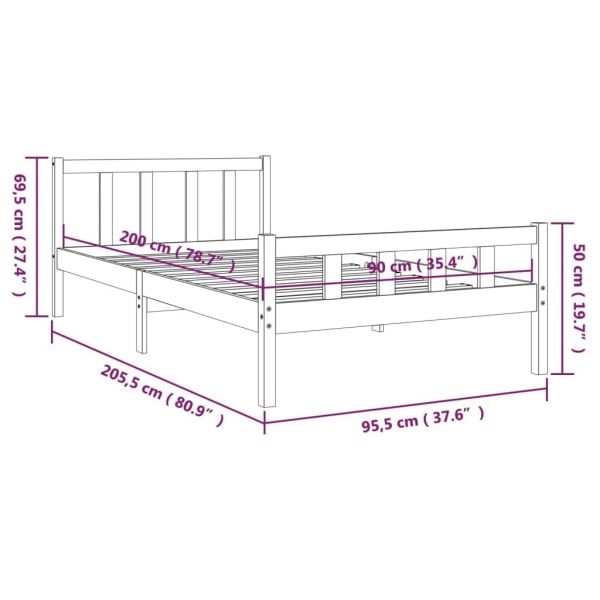 vidaXL Sängram honungsbrun massivt trä 90x200 cm Brun