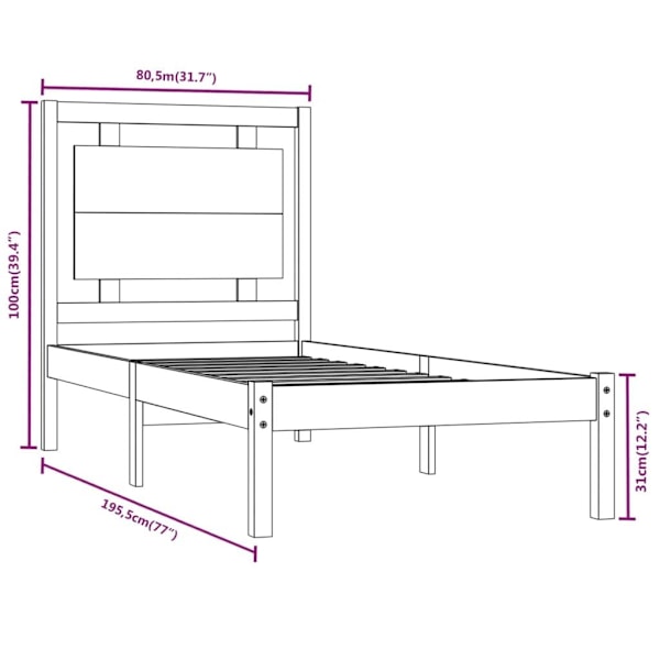vidaXL Sängram massivt trä 75x190 cm Brun