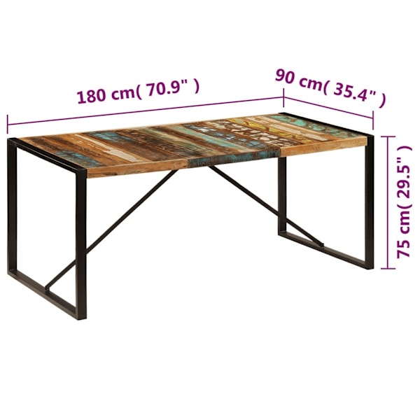 vidaXL Matbord 180x90x75 cm massivt återvunnet trä multifärg
