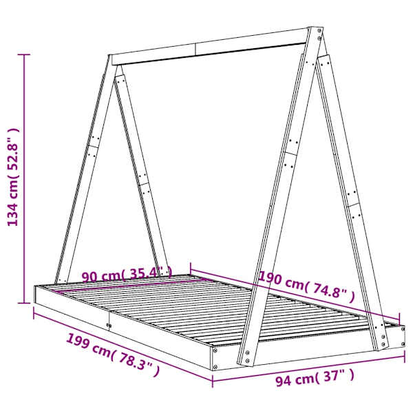 vidaXL Sängram för barn 90x190 cm massiv furu Brun