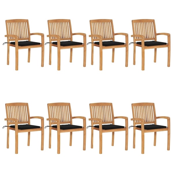 vidaXL Stapelbara trädgårdsstolar med dynor 8 st massiv teak Svart