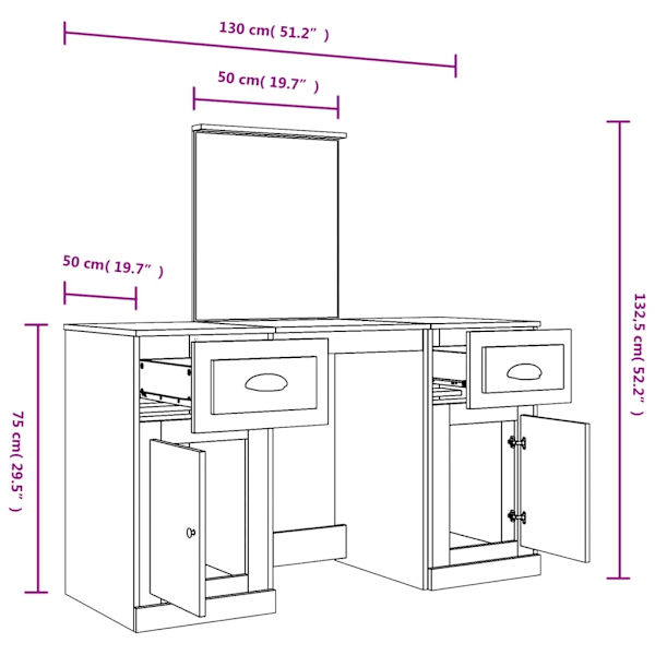 vidaXL Sminkbord med spegel betonggrå 130x50x132,5 cm Grå