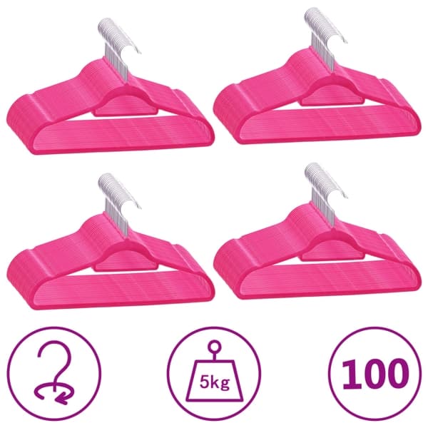 vidaXL Klädgalgar 100 st halkfria rosa sammet Rosa