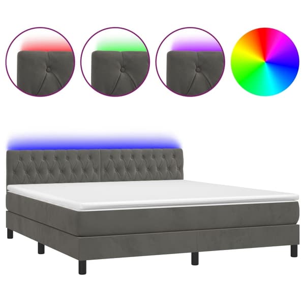 vidaXL Ramsäng med madrass & LED mörkgrå 180x200 cm sammet Grå