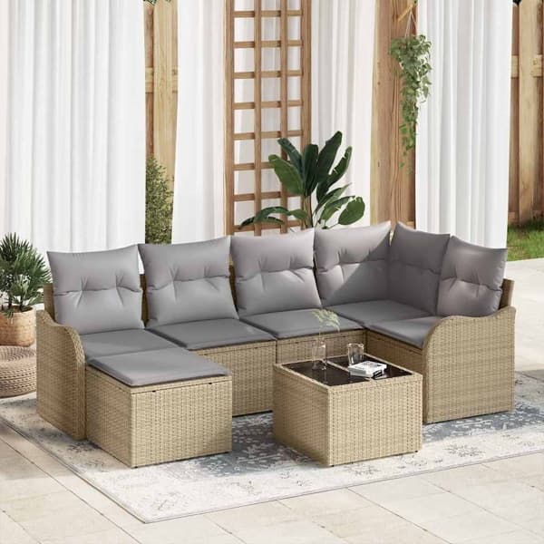 vidaXL Trädgårdsoffset med kudde 7 pcs Beige Poly rattan Beige