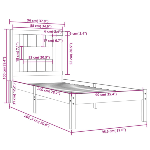 vidaXL Sängram massiv furu 90x200 cm Brun