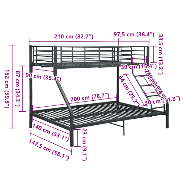 vidaXL Våningssäng svart metall 140x200/90x200 cm Svart