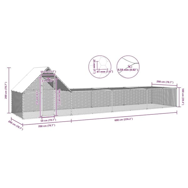vidaXL Hönsbur 8x2x2 m galvaniserat stål Silver