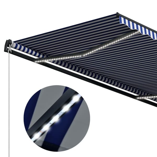 vidaXL Markis manuellt infällbar med LED 450x300 cm blå och vit Blå