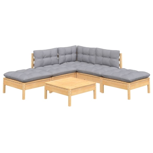 vidaXL Loungegrupp med dynor 6 delar grå furu grå