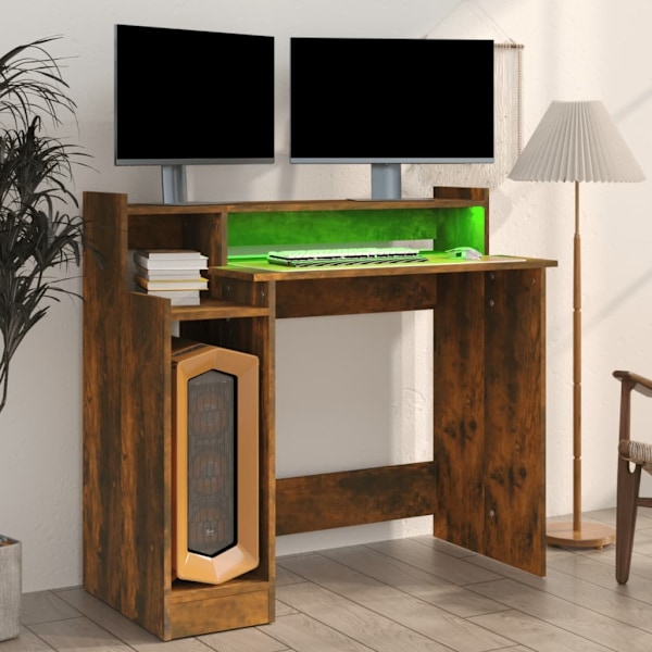 vidaXL Skrivbord med LED rökfärgad ek 97x45x90 cm konstruerat trä Brun