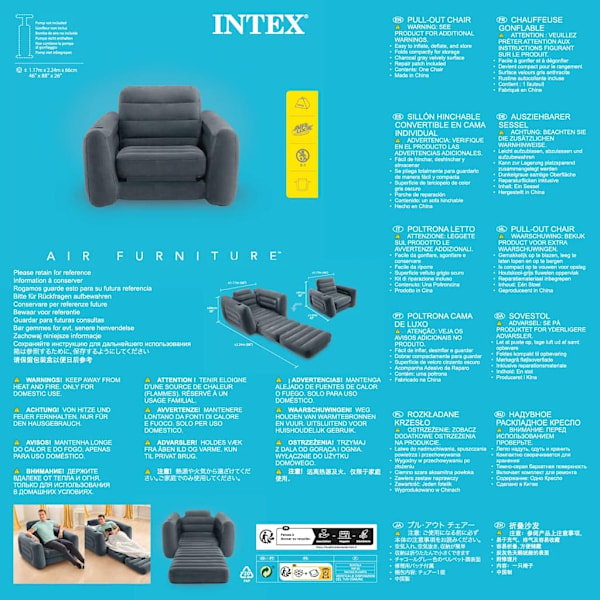 INTEX Utdragbar fåtölj 117x224x66 cm mörkgrå grå