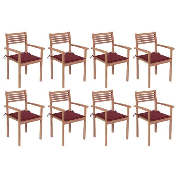 vidaXL Stapelbara trädgårdsstolar med dynor 8 st massiv teak Röd