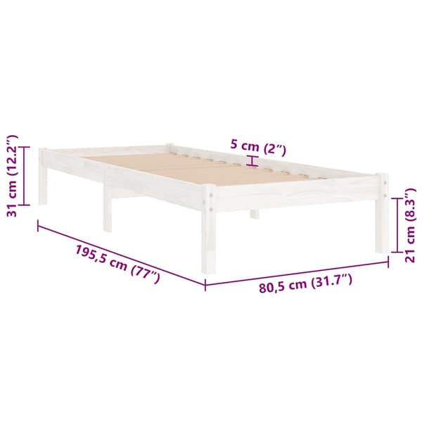 vidaXL Sängram vit massivt trä 75x190 cm Vit
