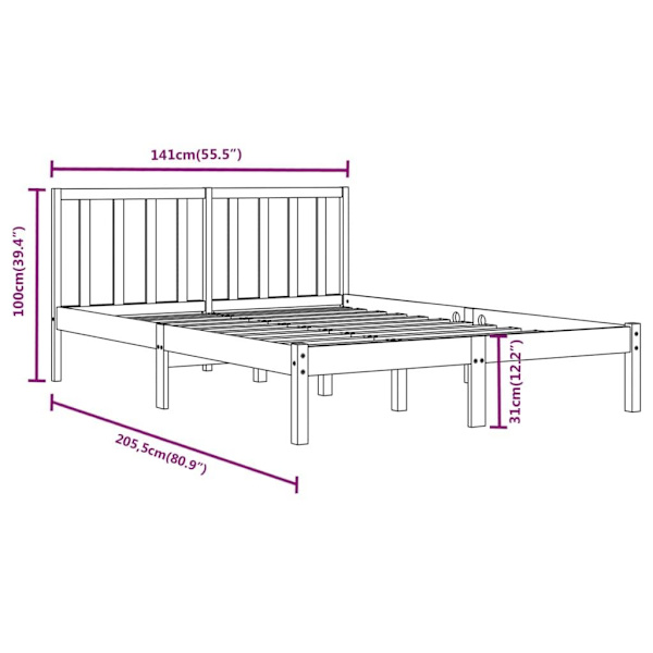 vidaXL Sängram massiv furu 135x190 cm Brun