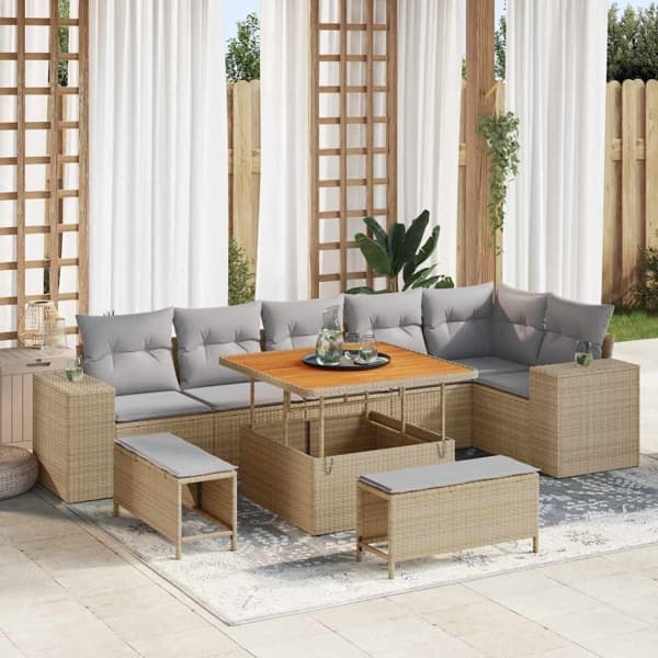 vidaXL Trädgårdsoffset 9 st Beige konstrotting Beige