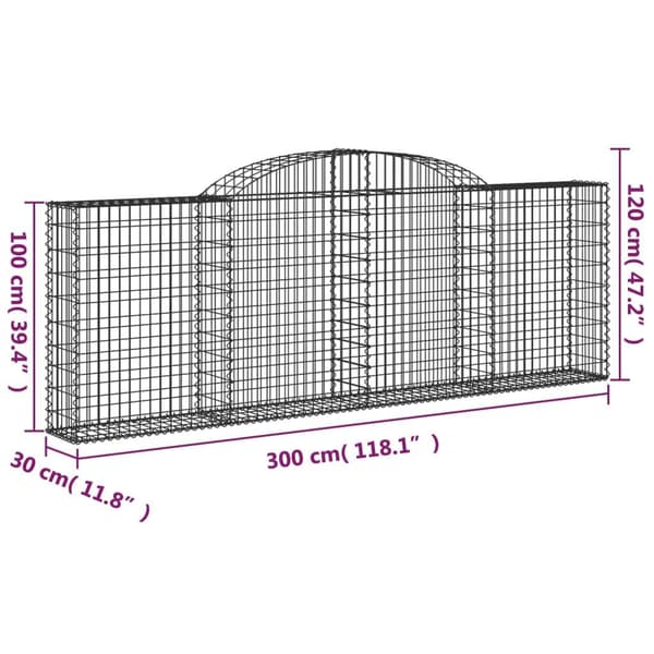 vidaXL Gabioner bågformade 6 st 300x30x100/120 cm galvaniserat järn Silver