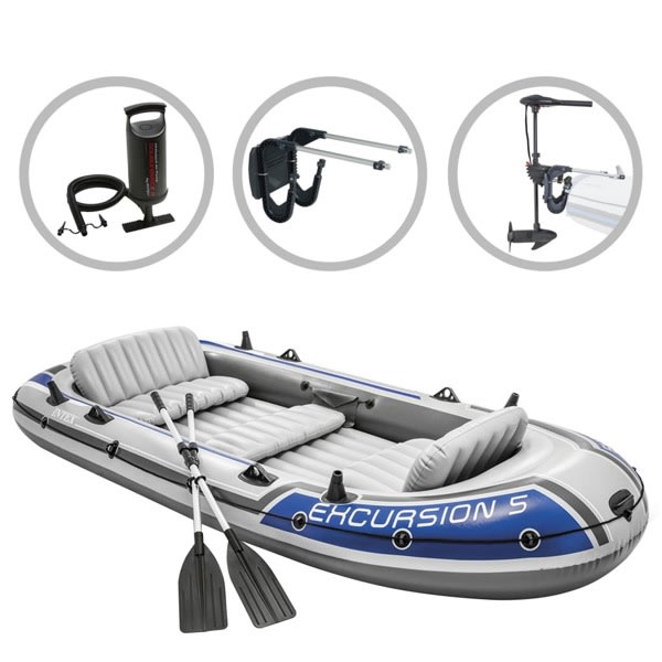 INTEX Uppblåsbar båt Excursion 5 med båtmotor och fäste multifärg