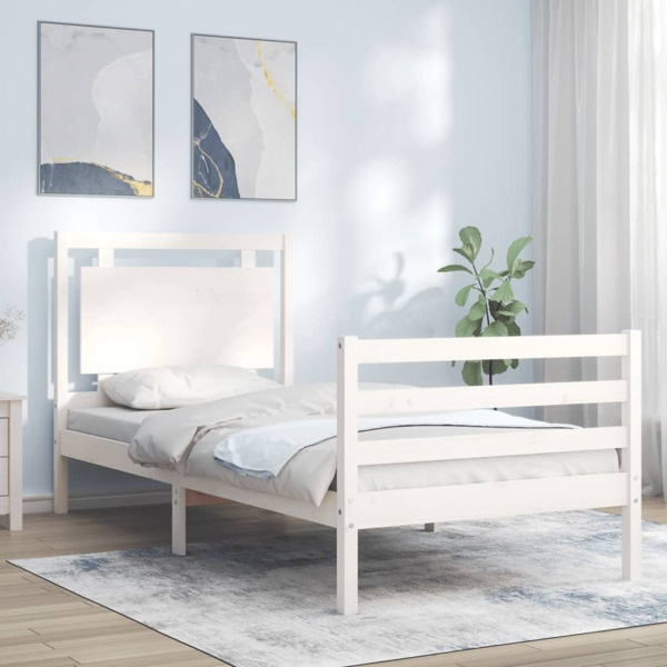 vidaXL Sängram med huvudgavel vit 90x200 cm massivt trä Vit