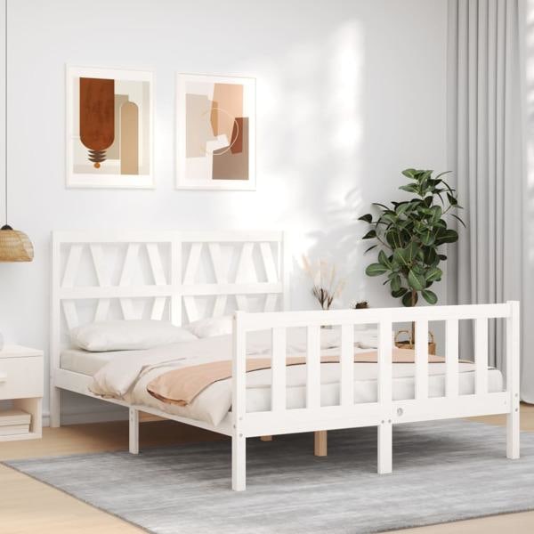 vidaXL Sängram med huvudgavel vit 140x190 cm massivt trä Vit