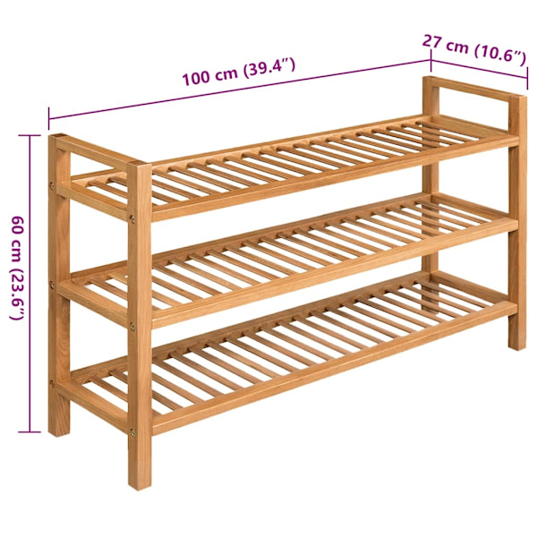 vidaXL Skohylla med 3 hyllor 100x27x59,5 cm massiv ek Brun