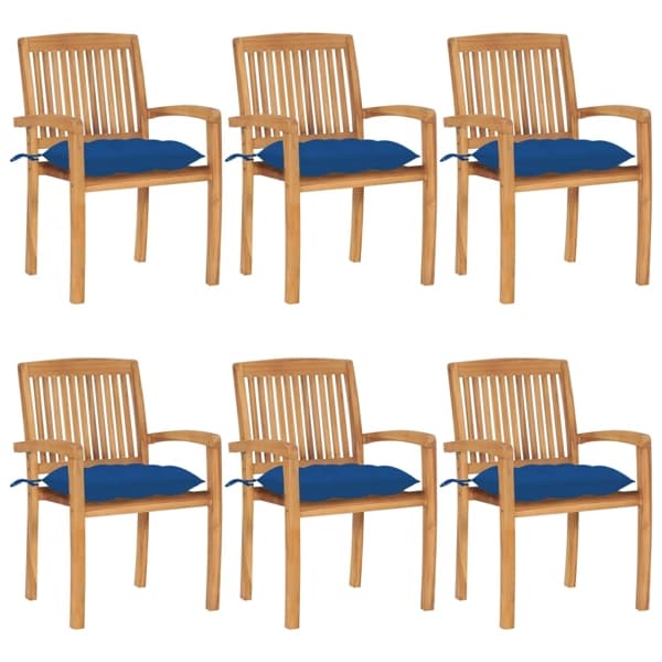 vidaXL Stapelbara trädgårdsstolar med dynor 6 st massiv teak Blå