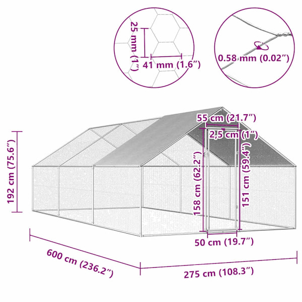 vidaXL Hönsbur för utomhusbruk 2,75x6x1,92 m galvaniserat stål Silver