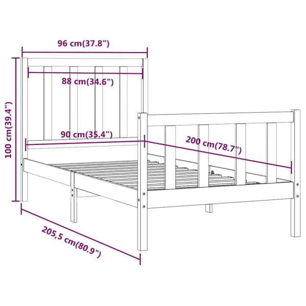 vidaXL Sängram svart massivt trä 90x200 cm enkelsäng Svart