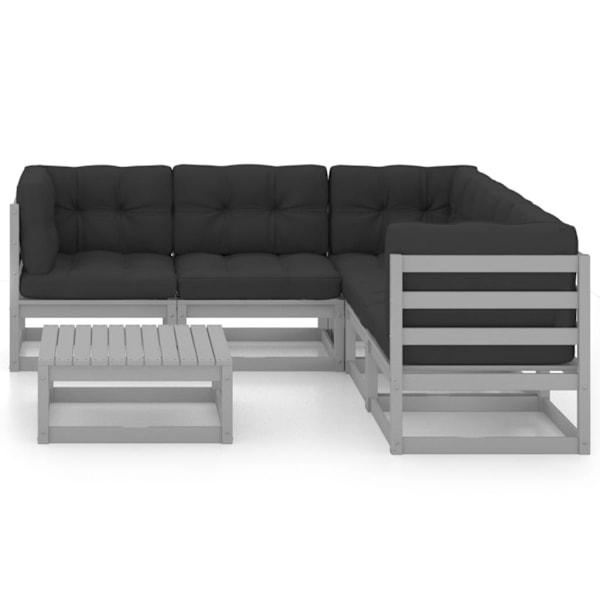 vidaXL Loungegrupp med dynor 6 delar massiv furu grå