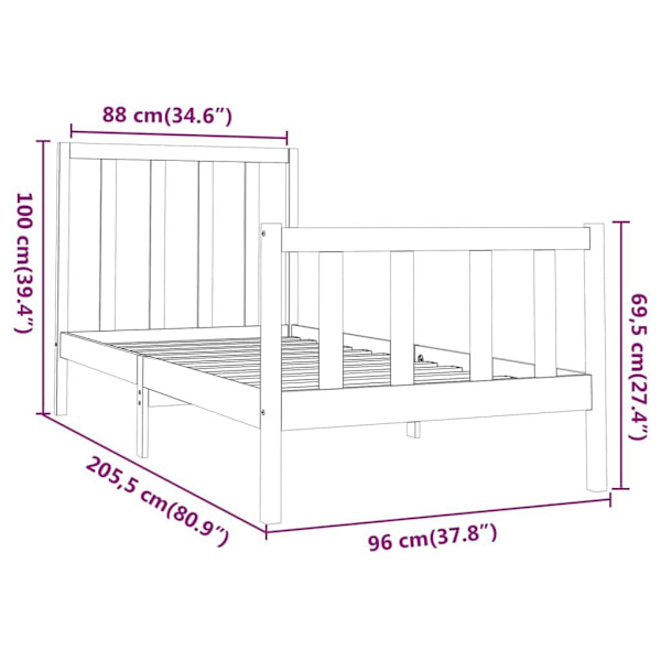 vidaXL Sängram svart massivt trä 90x200 cm enkelsäng Svart