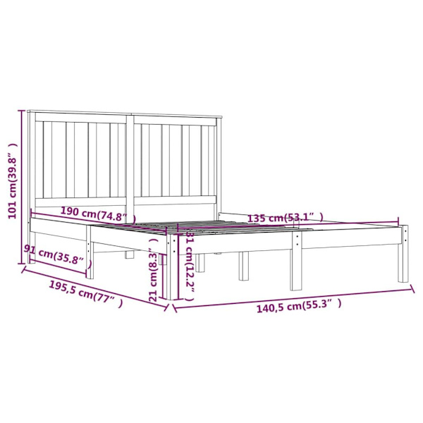vidaXL Sängram massiv furu 135x190 cm Brun