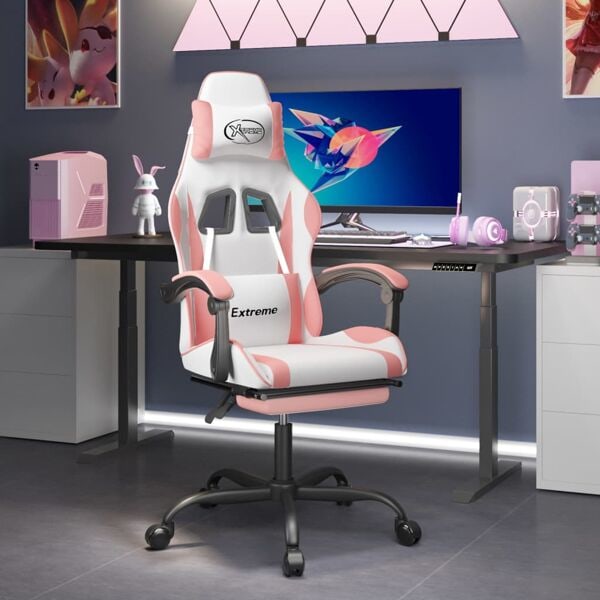 vidaXL Snurrbar gamingstol med fotstöd vit och rosa konstläder Rosa
