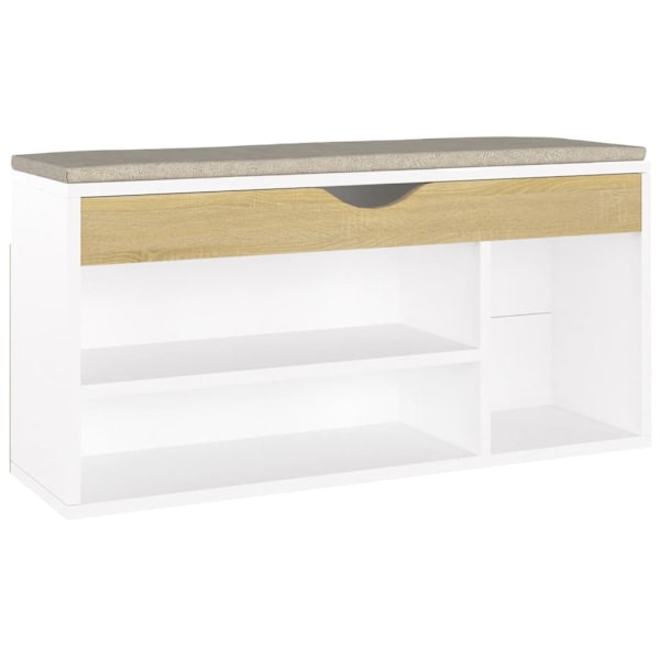 vidaXL Skobänk med dyna vit och sonoma-ek 104x30x49 cm konstruerat trä Beige