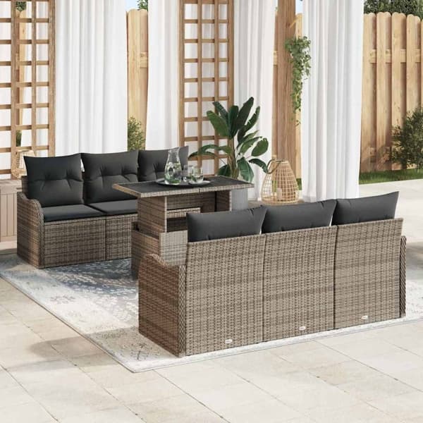 vidaXL Trädgårdsoffset med kudde 7 pcs Grå Poly rattan Grå