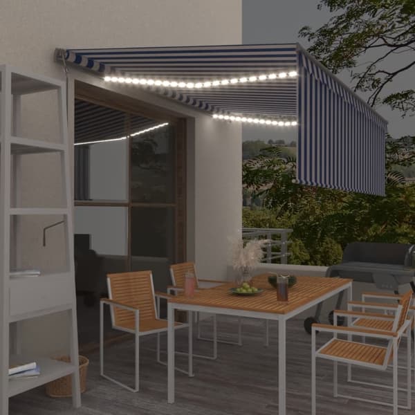 vidaXL Automatisk markis med rullgardin vindsensor LED 4,5x3 m blå/vit Blå