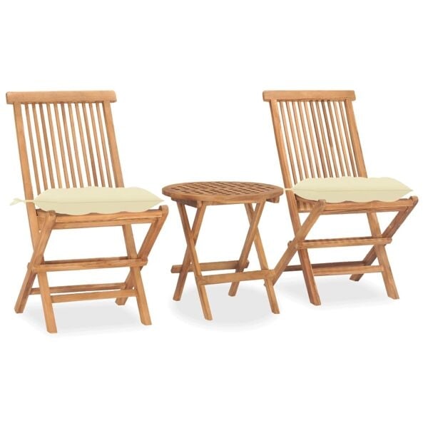 vidaXL Hopfällbar matgrupp med dyna för trädgården 3 delar massiv teak Creme