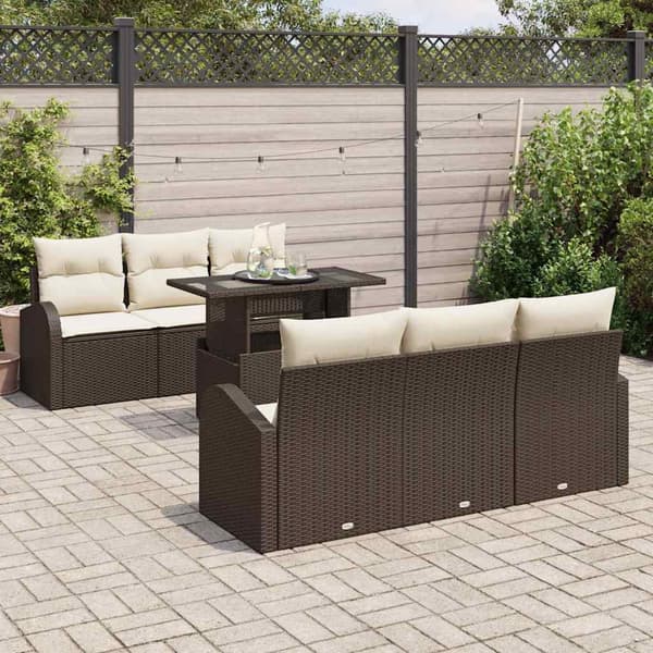 vidaXL Trädgårdsoffset 7 st Brun Poly Rattan Brun