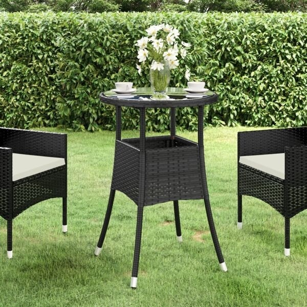 vidaXL Trädgårdsbord Ø60x75 cm härdat glas och konstrotting svart Svart