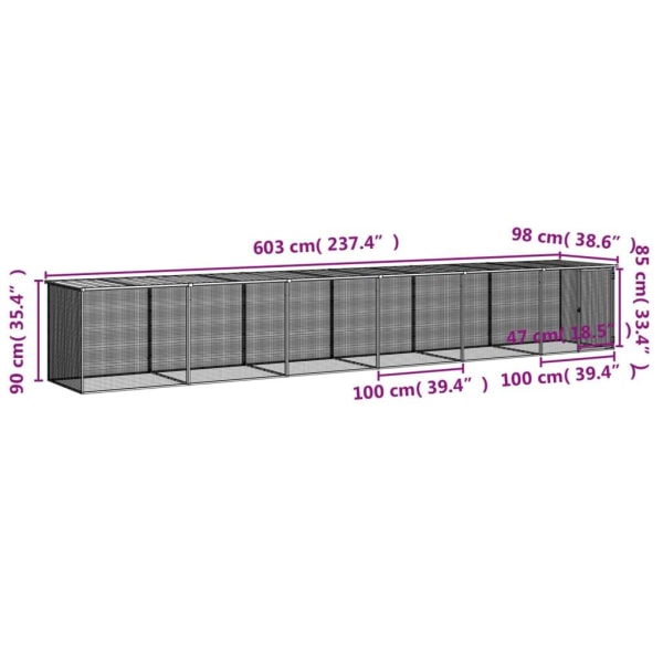 vidaXL Hönsbur med tak antracit 603x98x90 cm galvaniserat stål Antracit