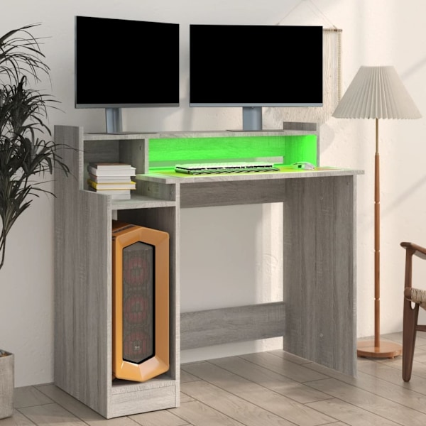 vidaXL Skrivbord med LED grå sonoma 97x45x90 cm konstruerat trä Grå