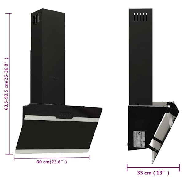 vidaXL Köksfläkt 60 cm stål och härdat glas svart Svart